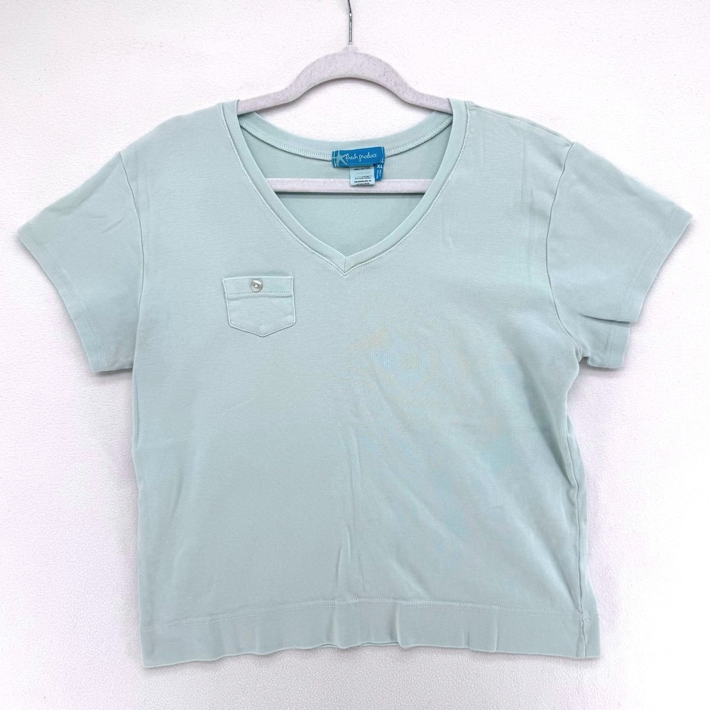 Fresh Produce T-Shirt Women XL Mint Green V-Neck Pocket Cotton Casual Coastal